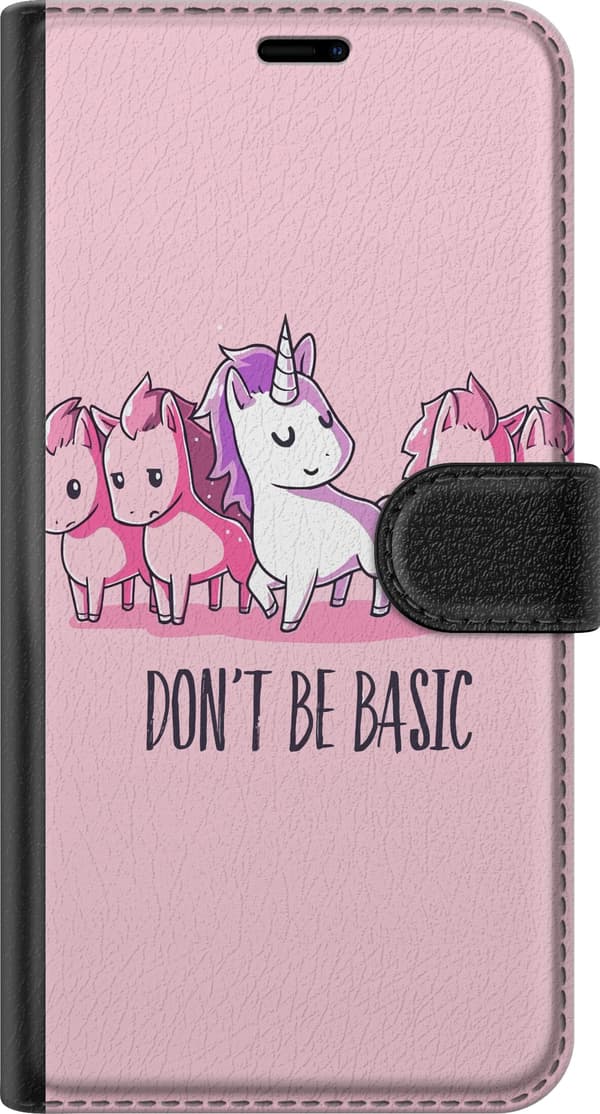 Kompatibel Tegnebogsetui til Huawei P20 Pro Hvid enhjørning blandt lyserøde heste med teksten Don't Be Basic mod en lyserød baggrund, legende og humo pink