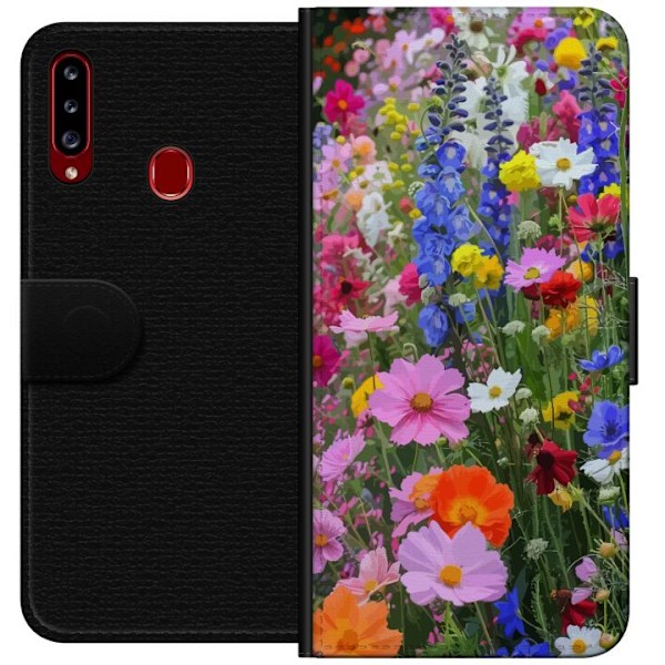 Samsung Galaxy A20s Tegnebogsetui Blomstret mobilcover med sommerlig eng og naturmotiv