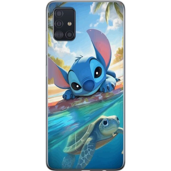 Samsung Galaxy A51 Genomskinligt Skal Stitch med sköldpadda – söt blå alien i tropisk strandmiljö från Disney