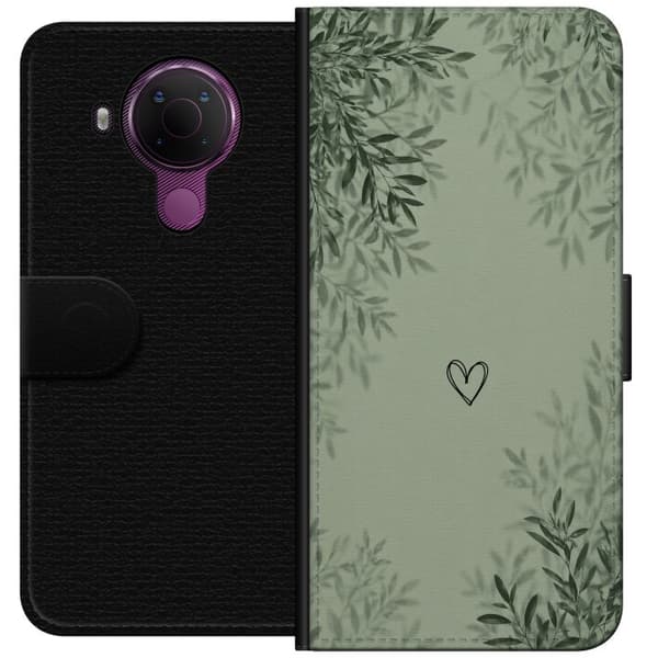 Kompatibel Tegnebogsetui til Nokia 5.4 Minimalistisk grønt motiv med håndtegnet hjerte, bløde bladskygger og rolig botanisk baggrund grøn