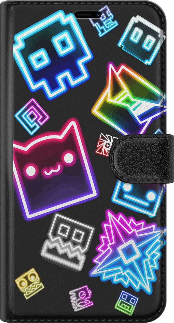 Kompatibel Tegnebogsetui til Apple iPhone 12 Farverige geometriske neonfigurer og symboler mod sort baggrund sort