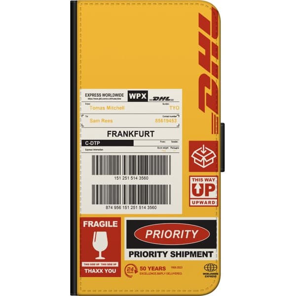 Kompatibel Tegnebogsetui til Samsung Galaxy A20s DHL Express-fragtetiketdesign med stregkoder, Frankfurt-tekst og grafisk motiv med logist tema, perf