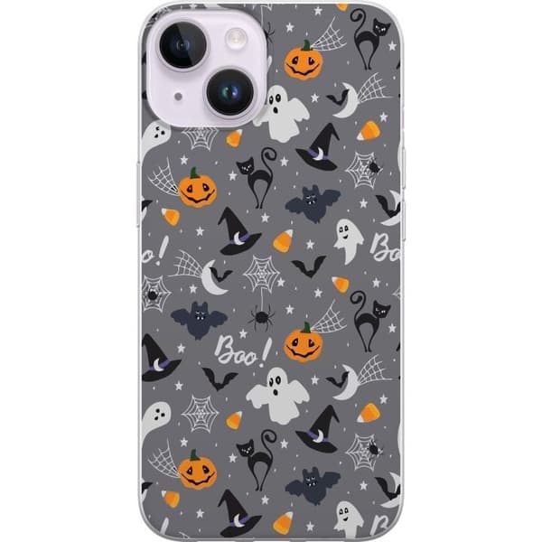 Kompatibel Mobilcover til Apple iPhone 15 Halloweenmønster med spøgelser, sorte katte, græskar, flagermus og edderkoppespind grå