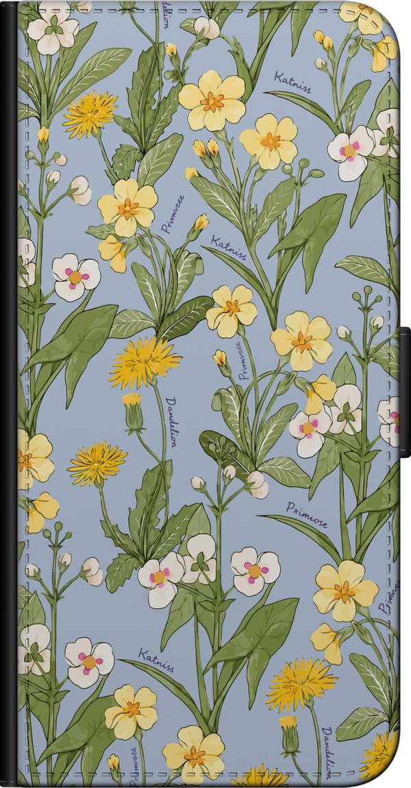 Kompatibel Tegnebogsetui til Nokia 3.4 Gule og hvide engblomster med grønne blade på lyseblå baggrund blå