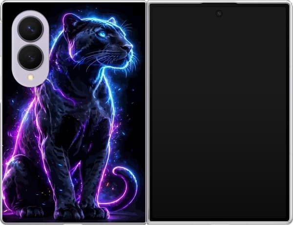 Kompatibel Mobilcover til Samsung Galaxy Z Fold8 Sort panter med blå og lilla neonlinjer mod sort baggrund sort