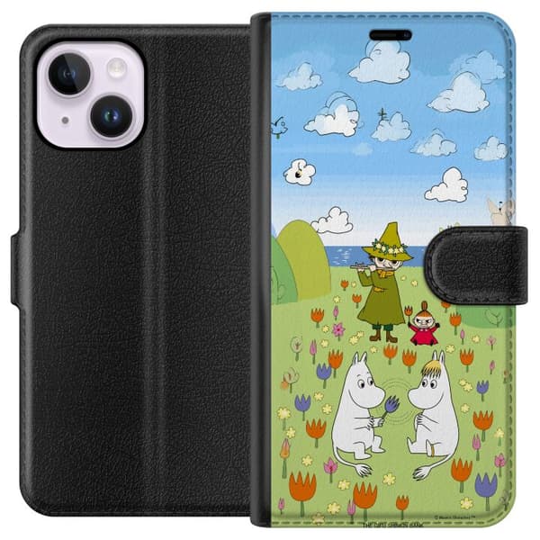 Kompatibelt Lommeboketui til Apple iPhone 14 Plus Mumin i blomsteräng grønn