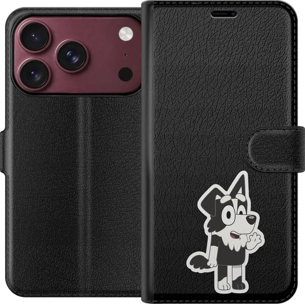 Kompatibel Tegnebogsetui til Apple iPhone 18 Pro Max Vinkende sort-hvid hund - Sort motiv med en sort-hvid hundefigur, der vinker. sort