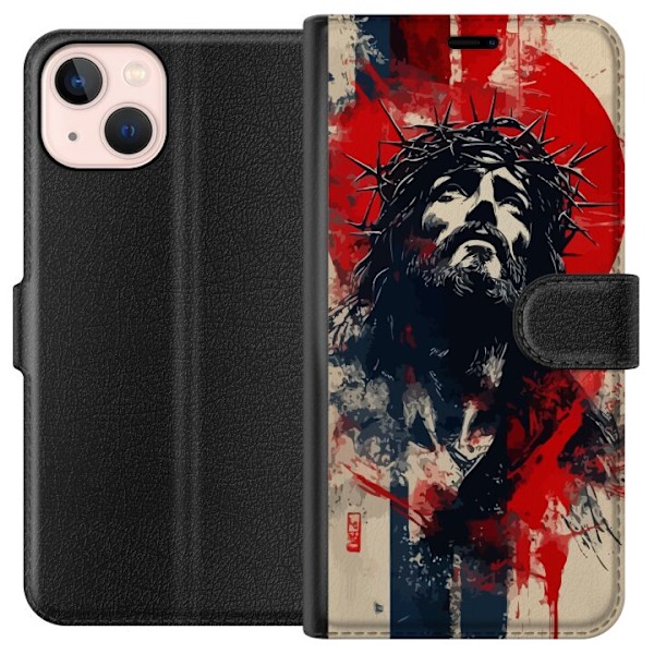 Apple iPhone 13 mini Lompakkokotelo Jeesus ristillä - kristillinen aihe vahvalla symboliikalla uskosta ja toivosta