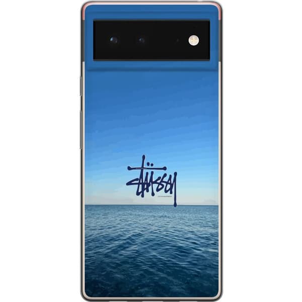 Kompatibelt Mobildeksel til Google Pixel 6 Havspanorama med blå himmel og stilig surf-inspirert logo blå