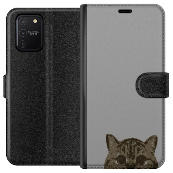 Samsung Galaxy S10 Lite Plånboksfodral Grå Kattblick – stilren kattdesign med grå bakgrund