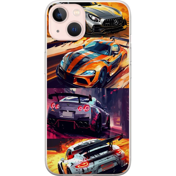 Apple iPhone 13 Gennemsigtig cover Rallyfeber - fartfyldt motiv med rallybiler