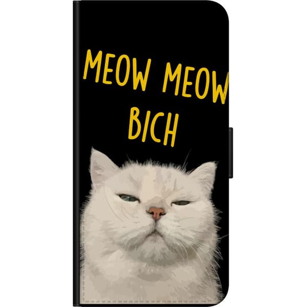 Kompatibel Tegnebogsetui til Huawei Y6s (2019) Hvid kat med et kækt udtryk og gul Meow Meow Bich-tekst mod sort baggrund sort