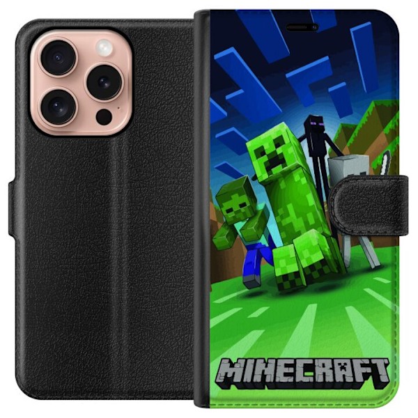 Apple iPhone 16 Pro Lompakkokotelo Minecraft Creeper mobilskal i klassisk grön pixelstil