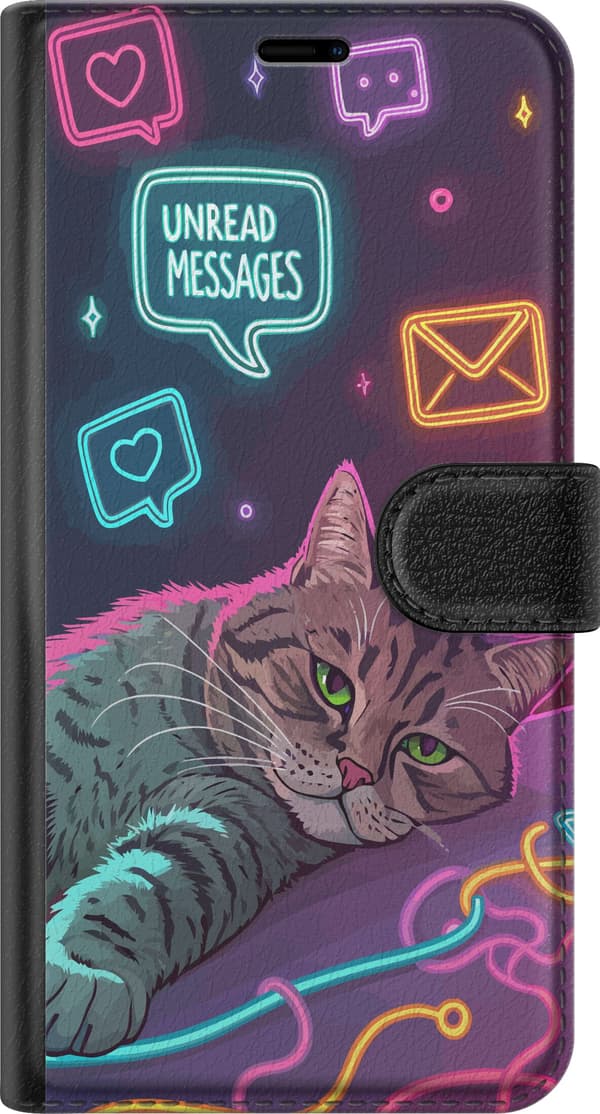 Kompatibel Tegnebogsetui til Google Pixel 9 Pro Stribet kat blandt lyserøde, turkise og gule neonsymboler for beskeder og hjerter lilla