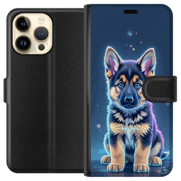Kompatibel Tegnebogsetui til Apple iPhone 14 Pro Max Neonbelyst schæferhunde-hvalp med blå og lilla lys-effekter blå