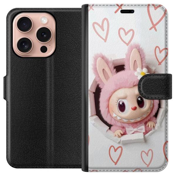 Apple iPhone 16 Pro Lompakkokotelo Labubu Sydän Taustakuva Pop Mart Rakkausteema Hahmodesign Suosittu Motiivi Keräilytaideteossarja