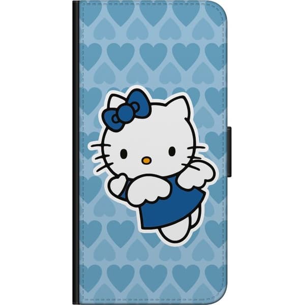 Kompatibel Tegnebogsetui til Xiaomi Redmi Note 9 Pro Sød hvid tegnet kat med blå sløjfe og kjole mod en mønstret lyseblå hjertebaggrund blå