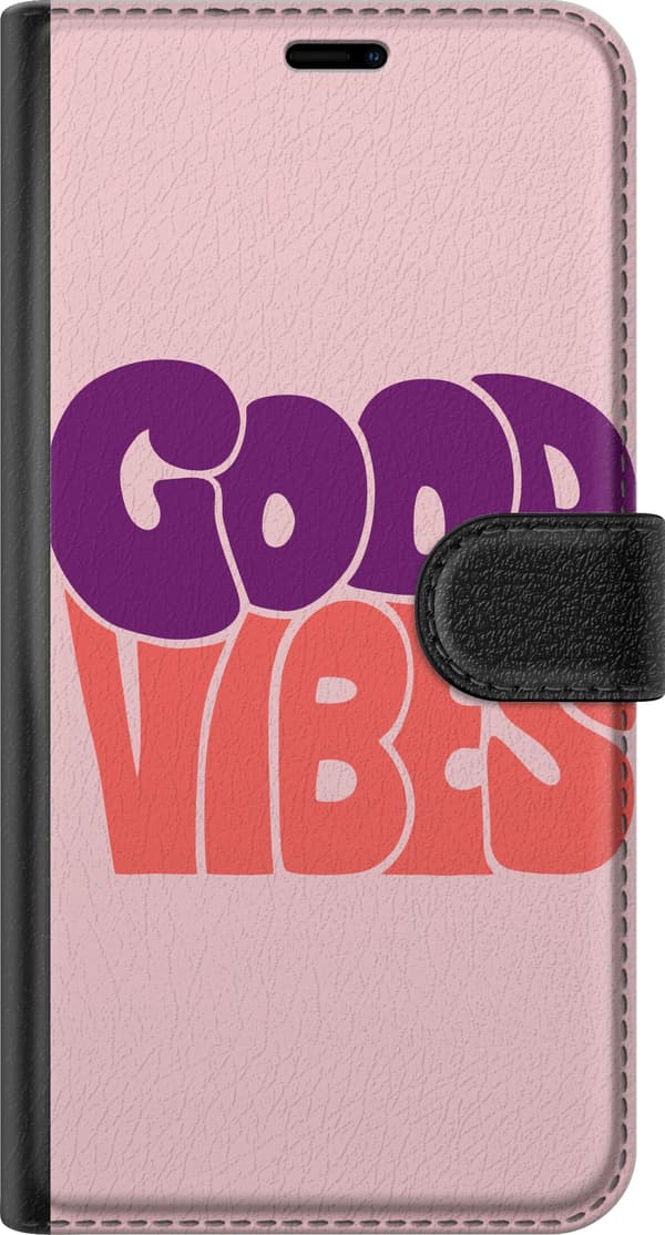 Kompatibel Tegnebogsetui til Apple iPhone 18 Pro Max Lilla og koralrød Good Vibes-tekst på lyserød baggrund pink