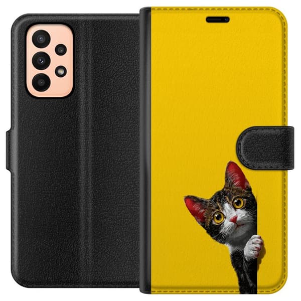 Kompatibel Tegnebogsetui til Samsung Galaxy A23 Sød kat, der kigger ud mod gul minimalistisk baggrund gul