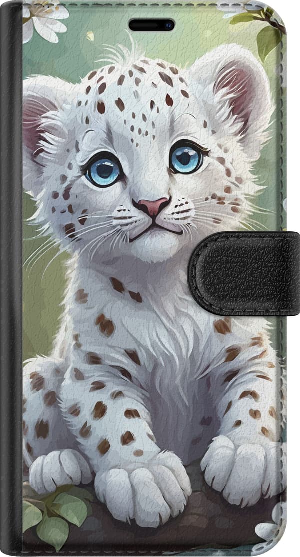 Kompatibelt Lommeboketui til Google Pixel 10a Hvit snøleopardunge med blå øyne blant grønne blader og hvite blomster hvit