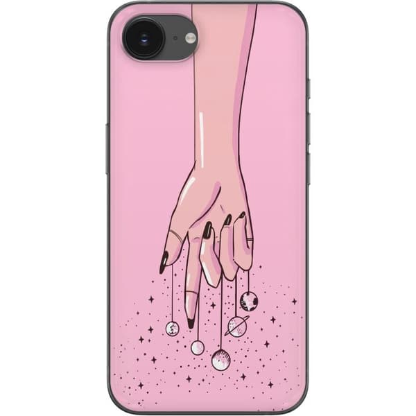 Kompatibel Mobilcover til Apple iPhone 17e Illustreret hånd med hængende planeter mod lyserød baggrund pink