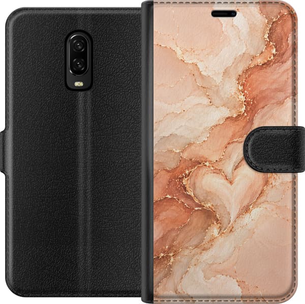 Kompatibel Tegnebogsetui til OnePlus 6T Ferskenmarmor orange