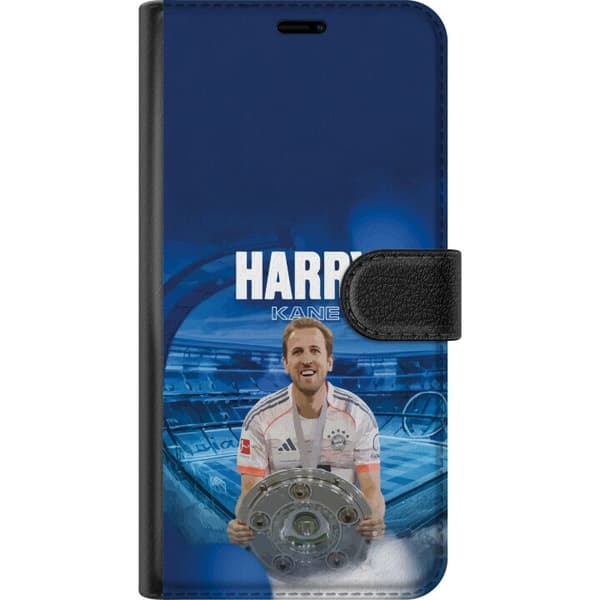 Kompatibel Tegnebogsetui til Apple iPhone 17 Pro Harry Kane med trofæ - fodboldmotiv på blå baggrund blå