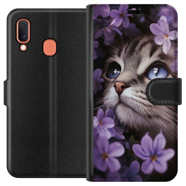 Samsung Galaxy A20e Tegnebogsetui Kat og blomster