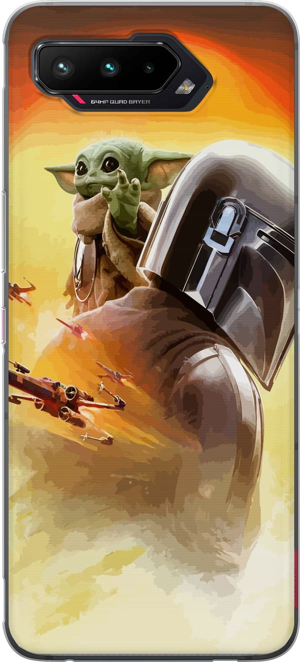 Kompatibelt Mobildeksel til Asus ROG Phone 5 Mandalorian og Grogu foran en oransje sol med romskip oransje