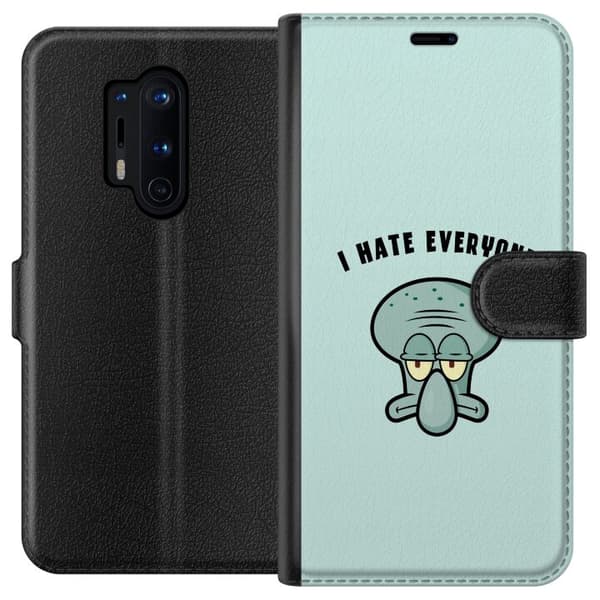 Kompatibel Tegnebogsetui til OnePlus 8 Pro Tegnet utilfreds blækspruttefigur med teksten I Hate Everyone på lyse turkis baggrund blå