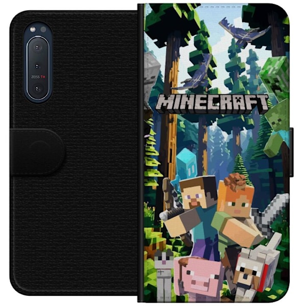 Sony Xperia 5 II Lompakkokotelo Minecraft-matkapuhelinkotelo metsällä ja pikselityylisillä hahmoilla