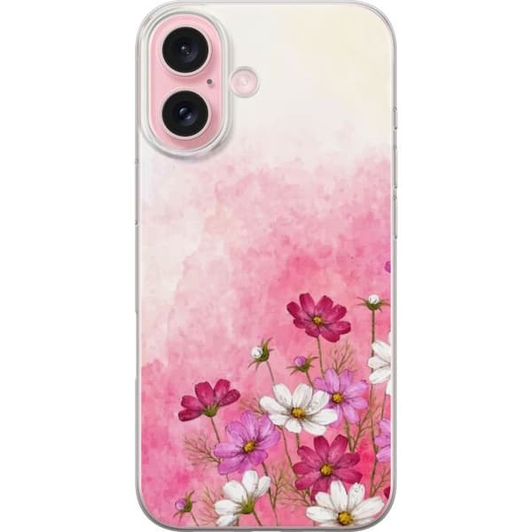 Kompatibel Mobilcover til Apple iPhone 16 Bløde lyserøde og hvide blomster mod en akvarelbaggrund i lyserøde toner, romantisk og dekorativ illustrati