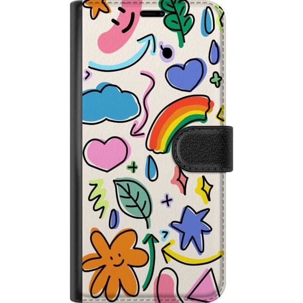 Kompatibel Tegnebogsetui til Apple iPhone 11 Farverigt doodlemotiv med hjerter, stjerner, blade, regnbue, skyer og pile, perfekt til dig, der elsker