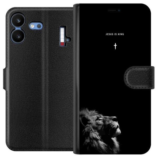 Kompatibel Tegnebogsetui til Nothing Phone 4b Lejon med Jesus is King citat sort