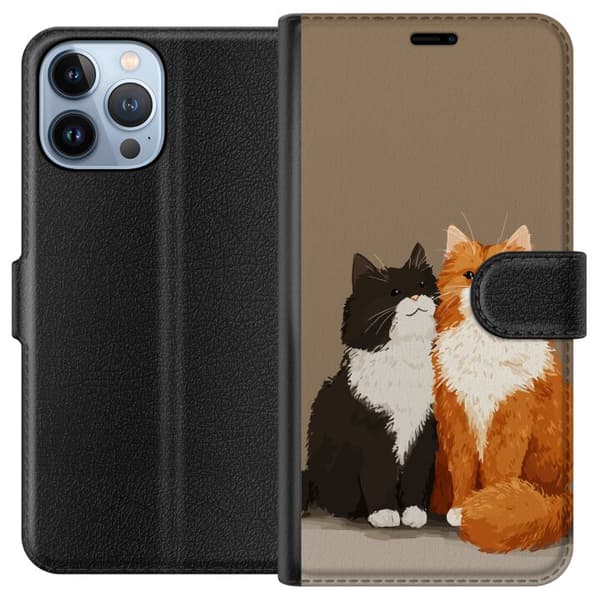 Kompatibel Tegnebogsetui til Apple iPhone 13 Pro Max Illustrerede sort-hvide og orange-hvide katte sammen mod brun baggrund brun