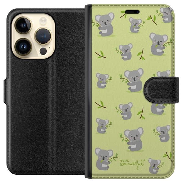 Kompatibel Tegnebogsetui til Apple iPhone 15 Pro Legende mønster med søde grå koalaer og grønne eukalyptusgrene grøn