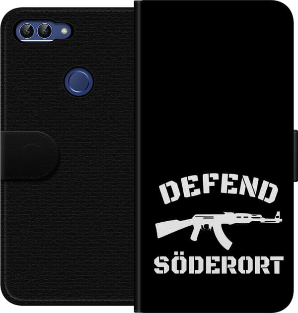 Kompatibel Tegnebogsetui til Huawei P smart Sort Söderort - hvidt områdeslogan og hvid våbensilhuet på sort baggrund sort