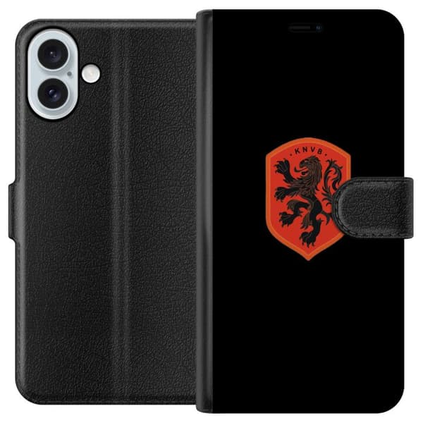 Kompatibel Tegnebogsetui til Apple iPhone 16 Plus Orange skjold med sort heraldisk løve mod sort baggrund sort