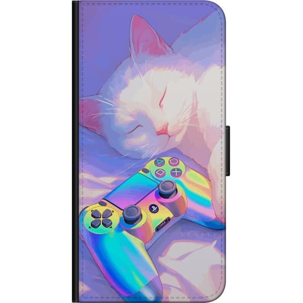 Kompatibel Tegnebogsetui til Xiaomi Redmi Note 8 Pro  Drømmende kat ved siden af farverig spilcontroller i bløde neonfarver og gamingtema. lilla