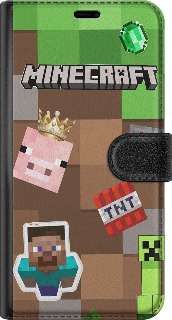 Kompatibelt Plånboksfodral till Apple iPhone 17 Pro Blockinspirerat motiv med figurer, dynamit, krona och gröna pixelrutor brun