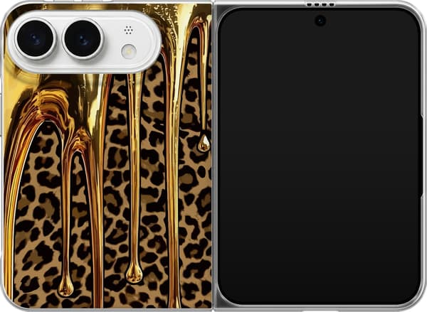 Kompatibel Mobilcover til Apple iPhone Duo Guldfarvede flydende former over brunt og sort leopardmønster guld