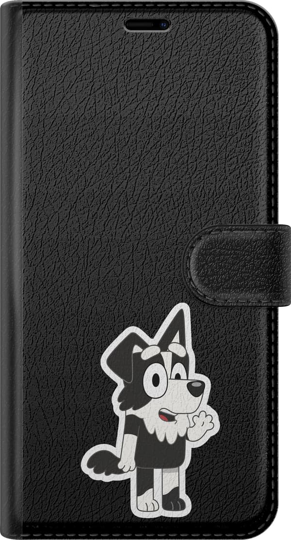 Kompatibel Tegnebogsetui til Apple iPhone 16 Vinkende sort-hvid hund - Sort motiv med en sort-hvid hundefigur, der vinker. sort