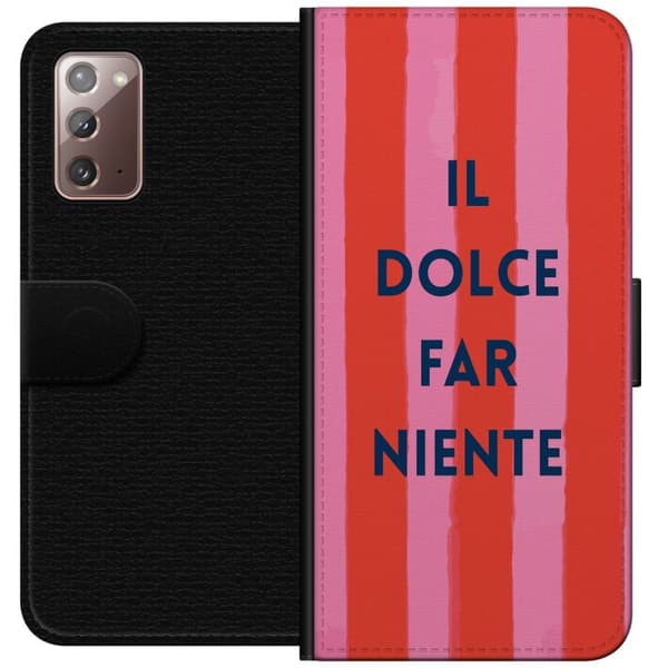 Kompatibel Tegnebogsetui til Samsung Galaxy Note20 Teksten Il Dolce Far Niente i mørkeblåt mod håndmalede rosa og røde striber pink