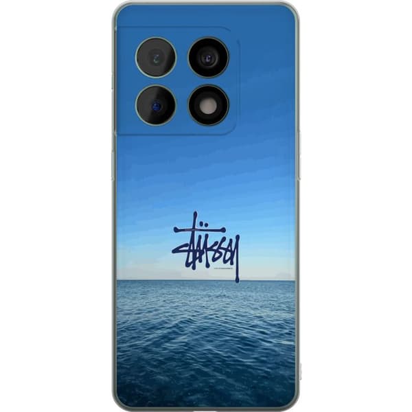 Kompatibelt Mobildeksel til OnePlus 10 Pro Havspanorama med blå himmel og stilig surf-inspirert logo blå