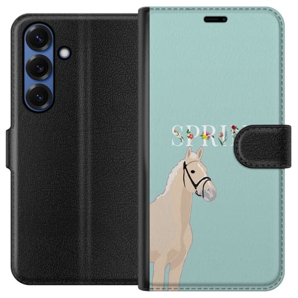 Kompatibel Tegnebogsetui til Samsung Galaxy S25+ Lys hest med blomster og teksten "Spring" på mintgrøn baggrund grøn