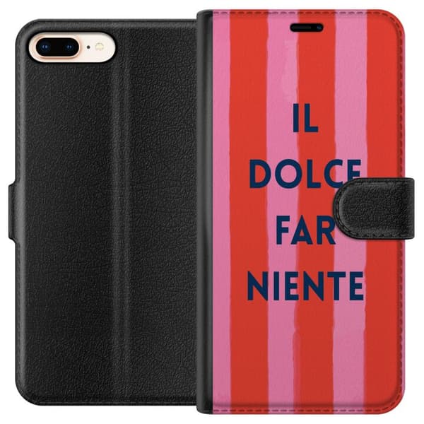 Kompatibel Tegnebogsetui til Apple iPhone 8 Plus Teksten Il Dolce Far Niente i mørkeblåt mod håndmalede rosa og røde striber pink