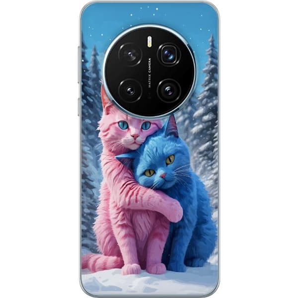 Kompatibel Mobilcover til Honor Magic7 Pro Søde lyserøde og blå katte, der krammer i sneklædt vinterlandskab blå