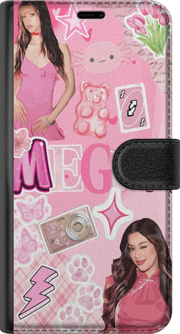 Kompatibel Tegnebogsetui til Apple iPhone 16 Pink collage med modefigurer, blomster, sommerfugle, kamera, stjerner og dekorative symboler pink