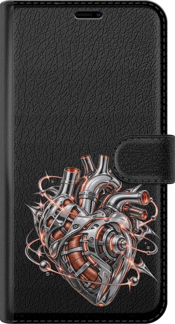 Kompatibel Tegnebogsetui til OnePlus 11 Sølvfarvet mekanisk hjerte med rør, orange spoler og lysende detaljer sølv
