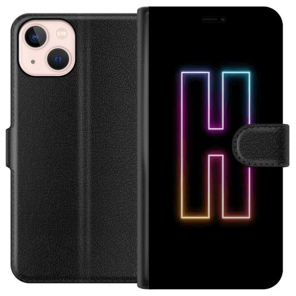 Kompatibel Tegnebogsetui til Apple iPhone 13 mini Minimalistisk neonbogstav H i farveskiftende lys mod sort baggrund med et moderne typografisk udtry